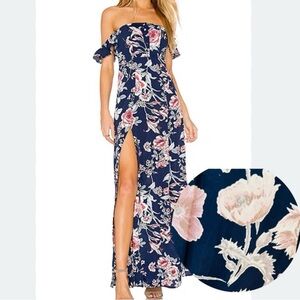 Flynn Skye Bardot Maxi Dress Small Navy Blue Floral Off Shoulder Festival